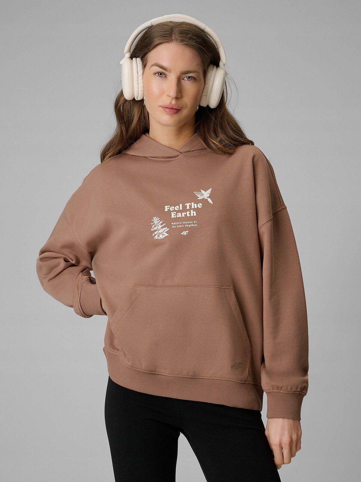 4F Tepláková Mikina Béžová Loose S Kapucí XL