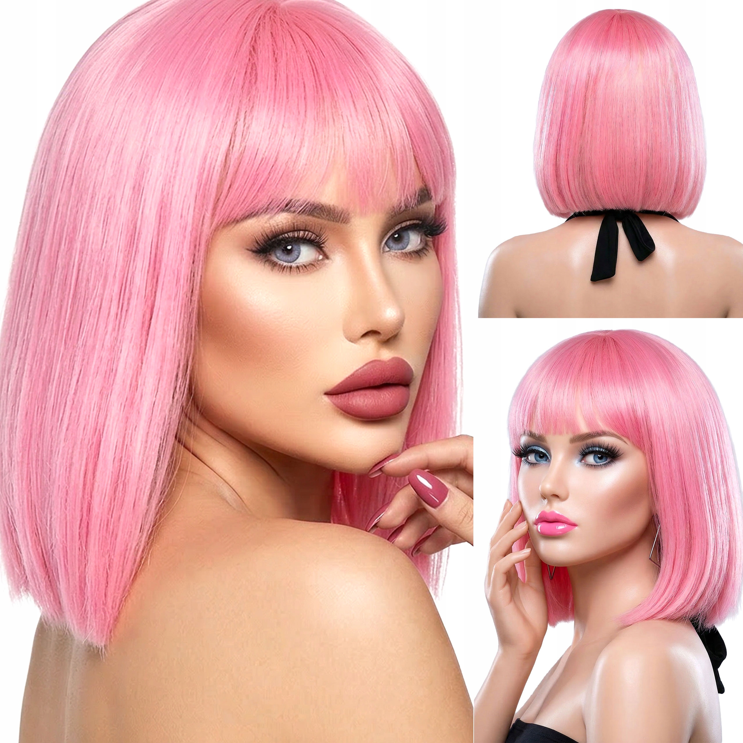 Syntetická paruka s ofinou Umělé vlasy polodlouhá rovná růžová čepička