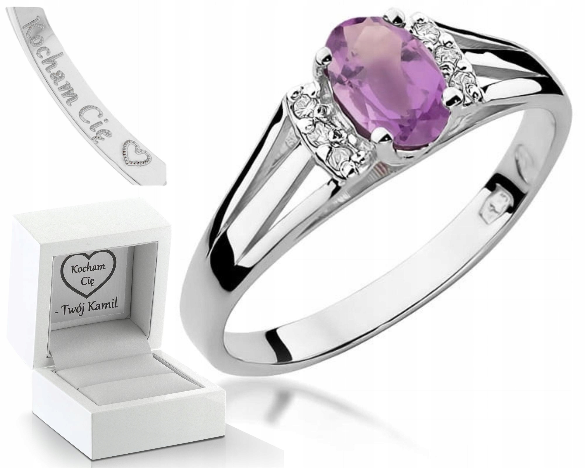 Bílý Zlatý Prstýnek S Ametystem A Brilianty O Ryzosti 585 Zlato Gravírování