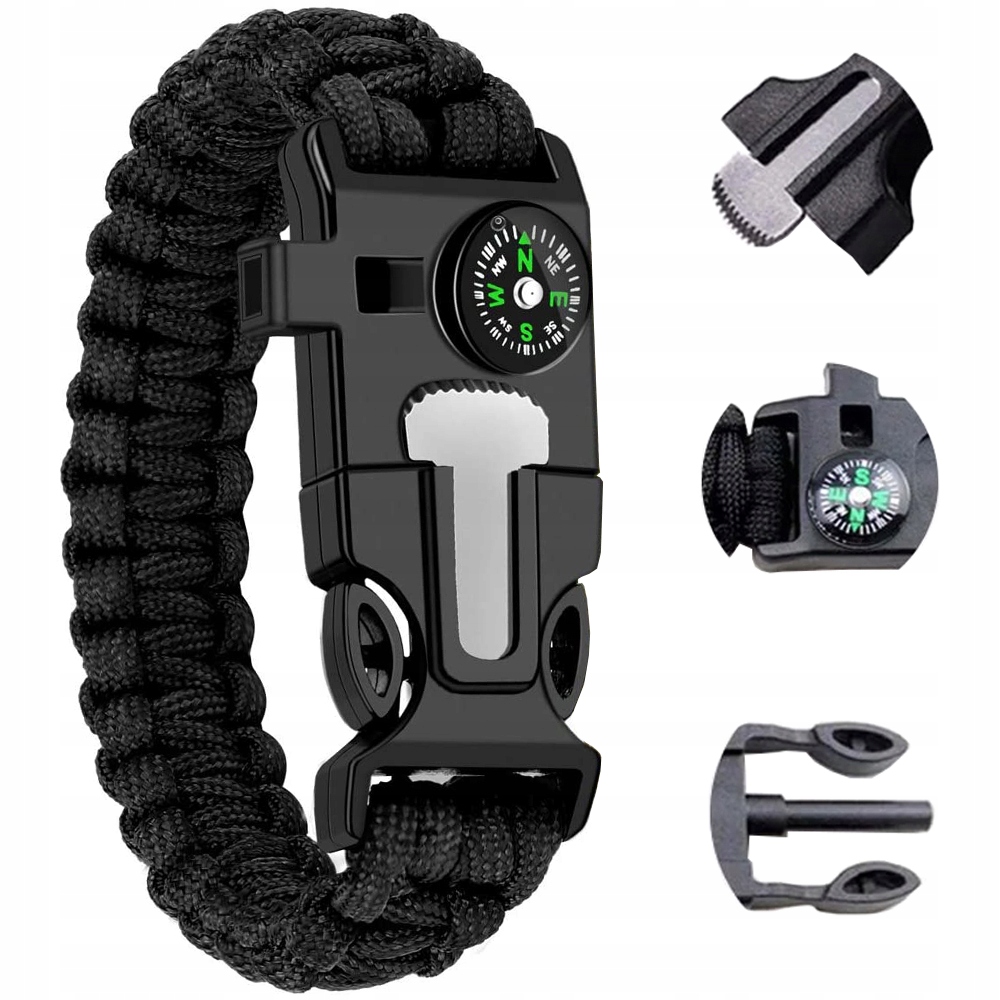 BRANSOLETKA SURVIVAL OPASKA 5W1 KOMPAS KRZESIWO LINKA OSTRZE LINKA PARACORD
