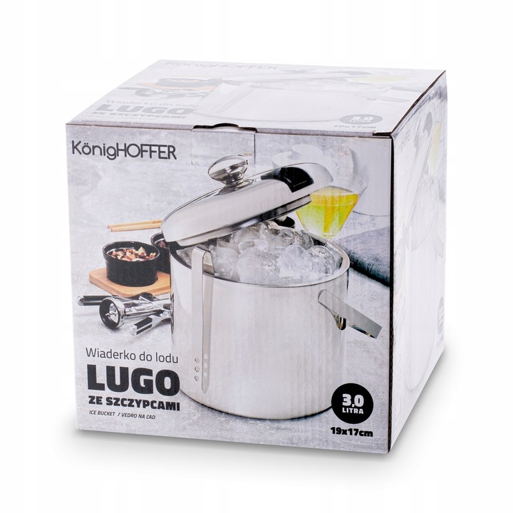 WIADERKO do Lodu 3 L. Szczypce Pojemnik na LÓD Podwójne ścianki Stal Połysk Producent KonigHOFFER