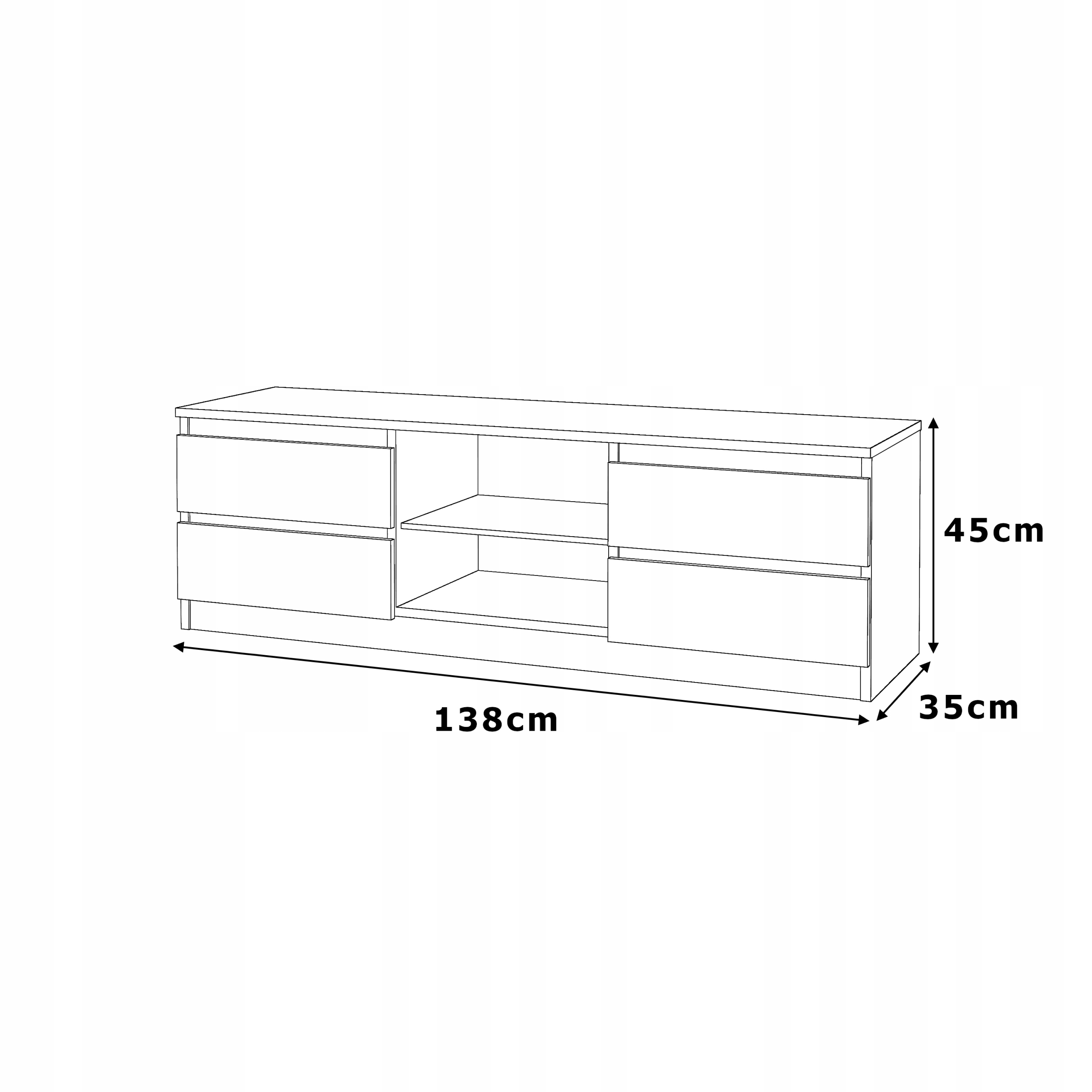 Szafka RTV LUX ANTRACYT/WOTAN Szafka Stojąca 4 szuflady Stolik pod TV 138cm Wysokość mebla 45 cm