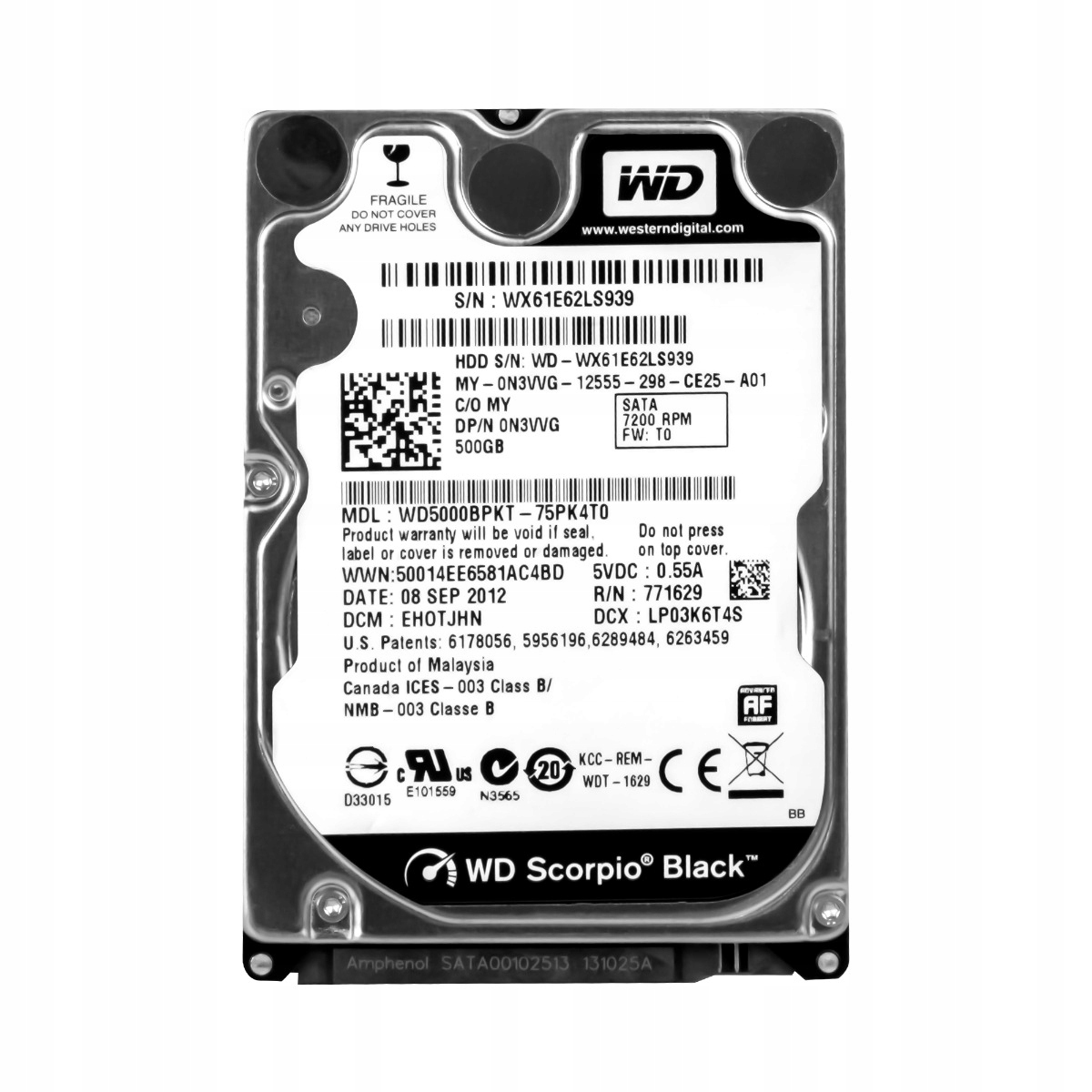 Dell 0N3VVG 500GB 7.2K 16MB Sata II 2.5'' WD5000BPKT