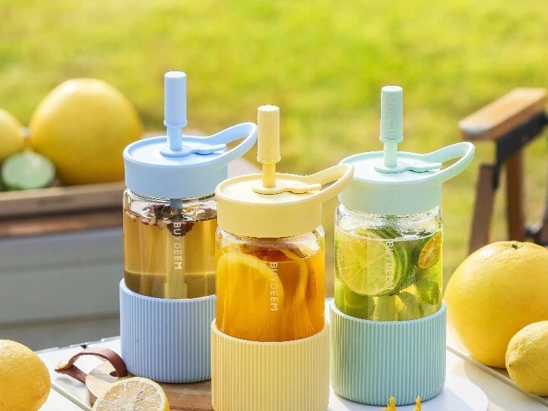 BUYDEEM Szklana butelka ze słomką 550ml, DG425, Mellow Yellow — 9