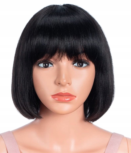 Joedir Prosta krótka peruka bob z grzywką z ludzkich włosów 25 cm czarna