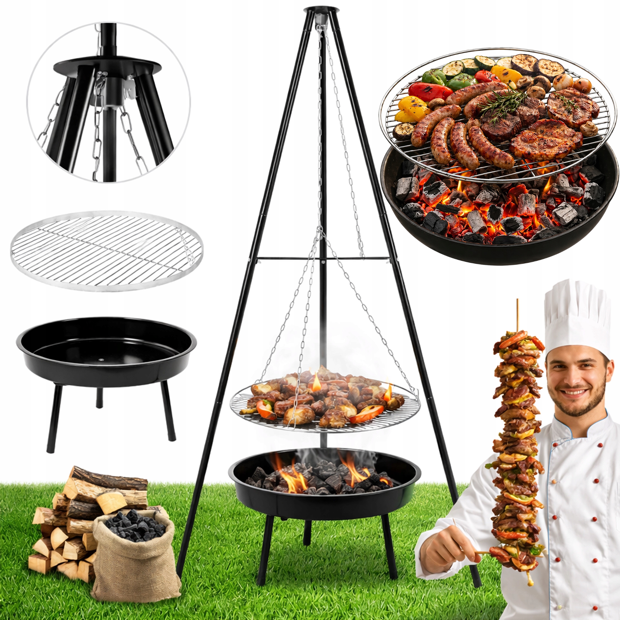Grill Ogrodowe Trojnog Z Paleniskiem 50cm Wiszący Z Rusztem Regulowany