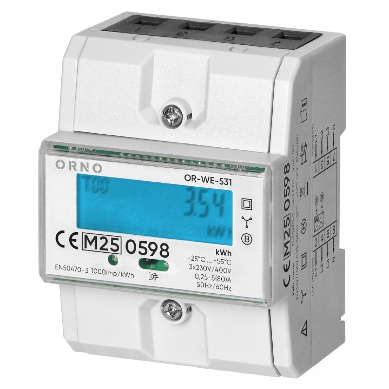 Licznik zużycia energii prądu 3-fazowy 80A, MID, Din TH-35mm Orno OR-WE-531