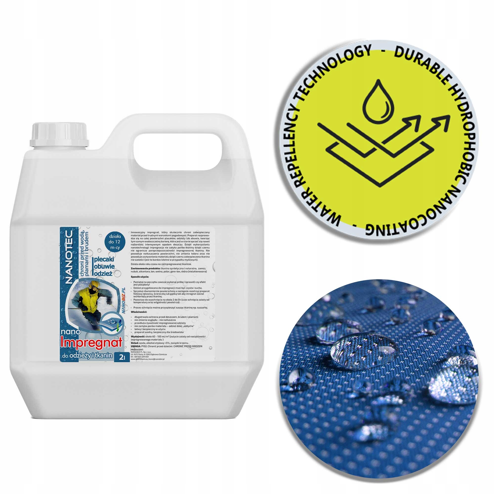 Nanotec Impregnát na oděvy voděodolný, 2litrový, Hydrofobní, Prodyšný