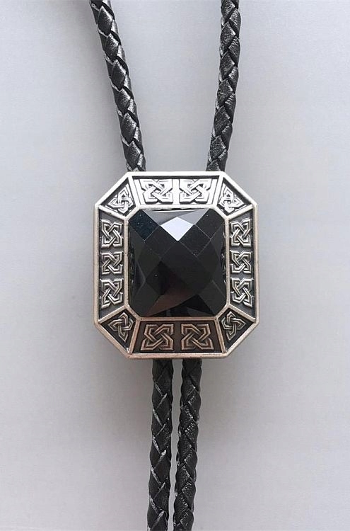 Celt Agat Černý bolo kravata western postříbřená pletená pravá kůže