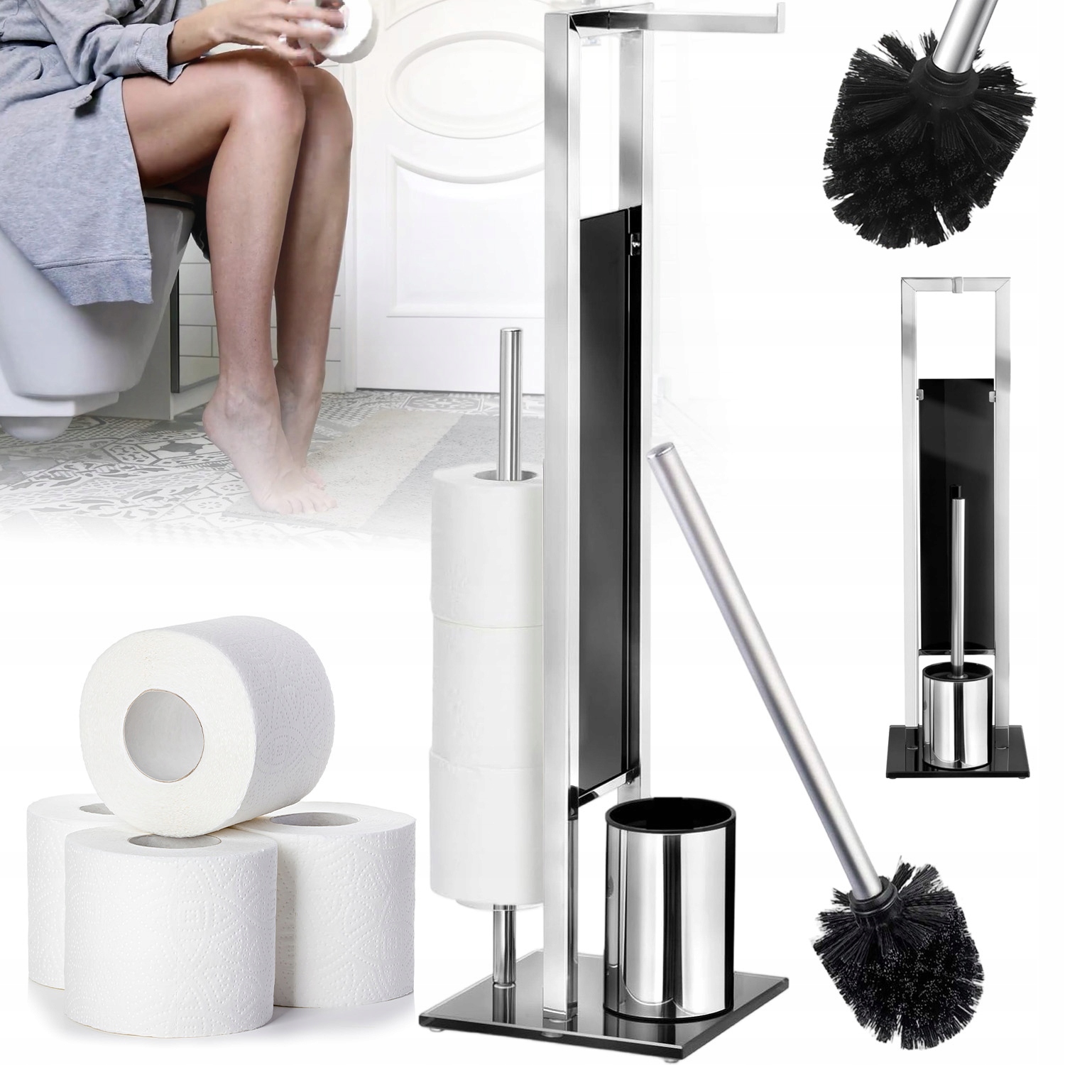 Moderní Stojan Na Kartáč, Kovový Držák Na Toaletní Papír Wc 3V1