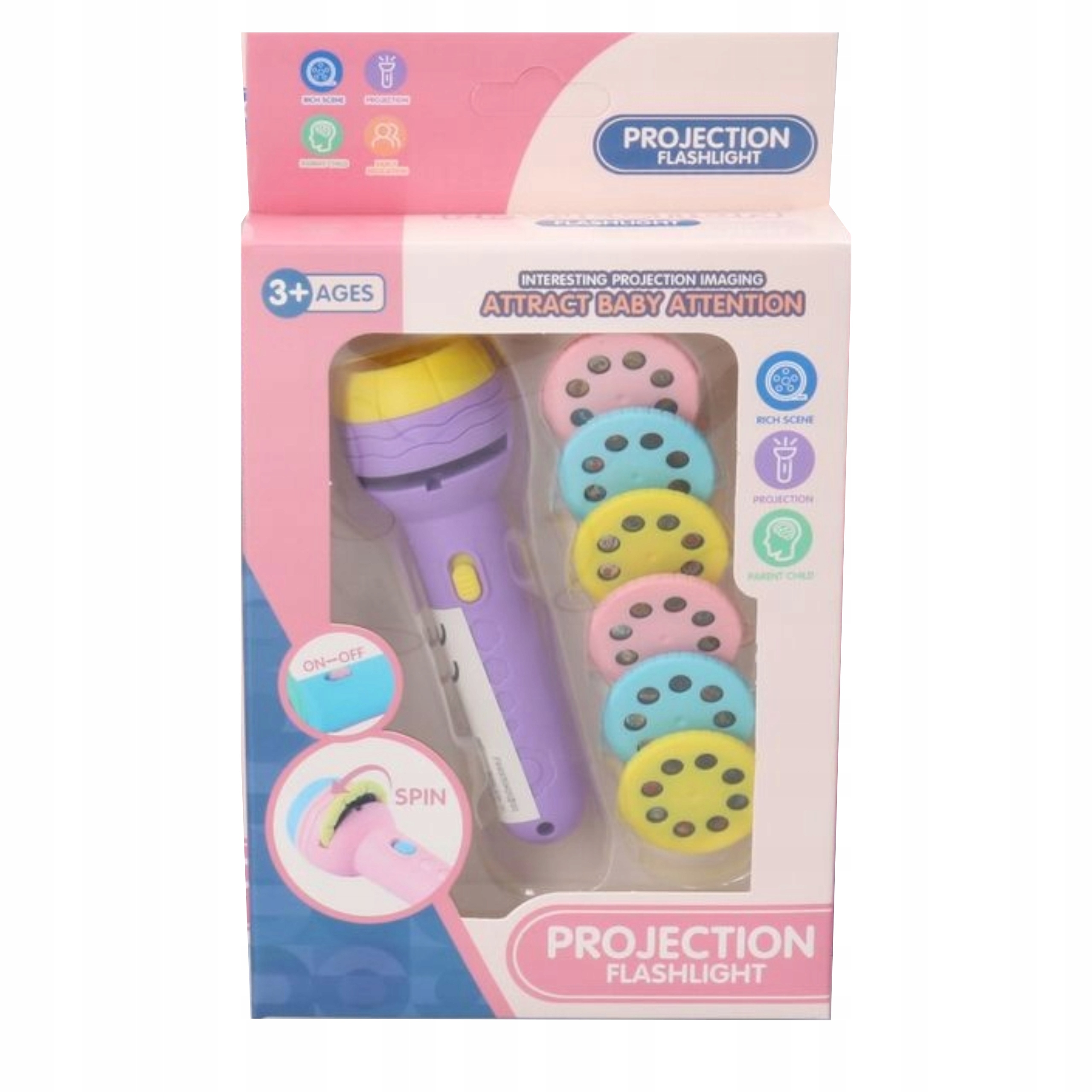 Projektor mini ręczny latarka 2w1 fioletowy dla dzieci 7606F Materiał plastik