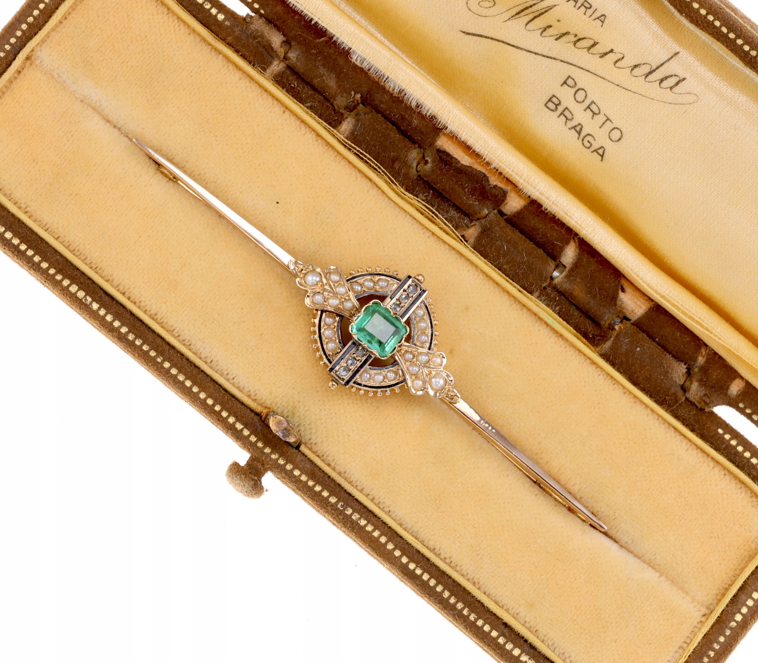 DAWNA ZŁOTA 18K BROSZKA ZE SZMARAGDEM I PERŁAMI