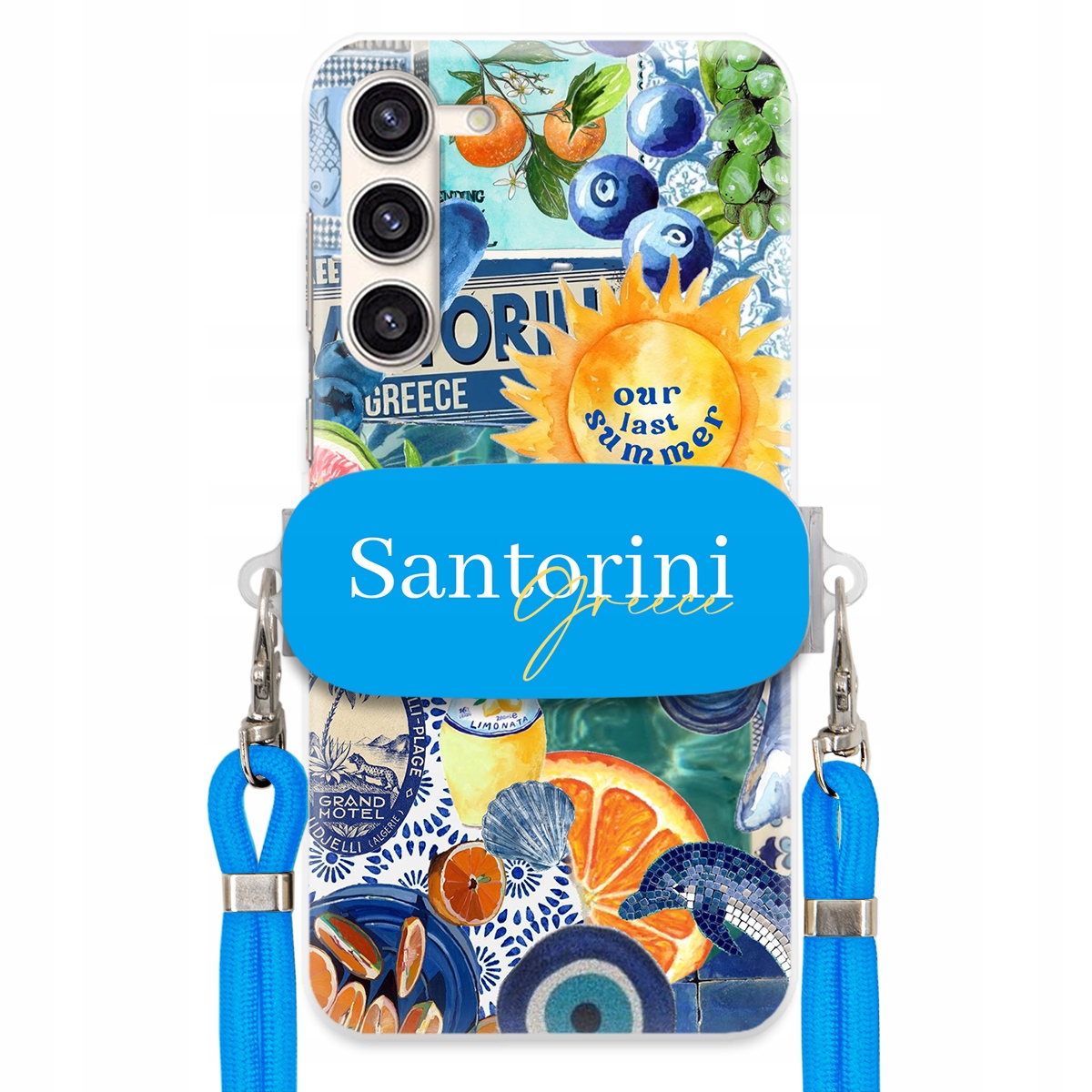 Pouzdro pro Samsung S23 modré vodítko Crossbody držák Santorini Greece
