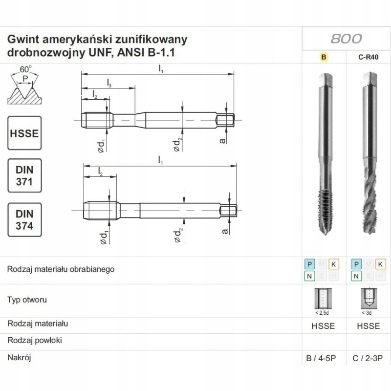 Gwintownik maszynowy Unf No10-32 DIN-371B (2B) Hsse 800 Fanar (C2-111101-42