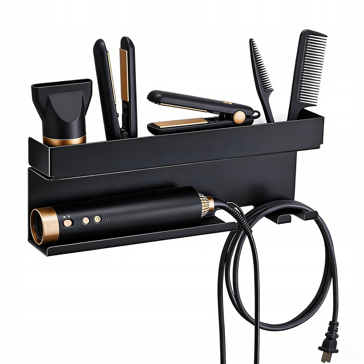 Nástěnný držák na fén a žehličku na vlasy, organizér