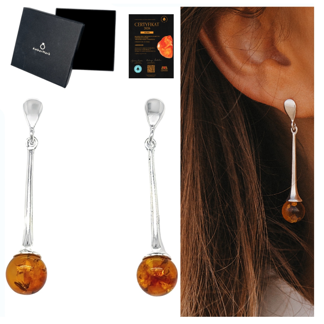 Stříbrné náušnice s baltským jantarem, tyčinka s kuličkou