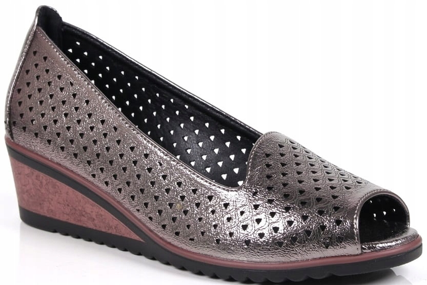 PÓŁBUTY NA KOTURNIE BUTY POTOCKI PEWTER SRERNE AŻUROWE ODKRYTY PALEC MODNE