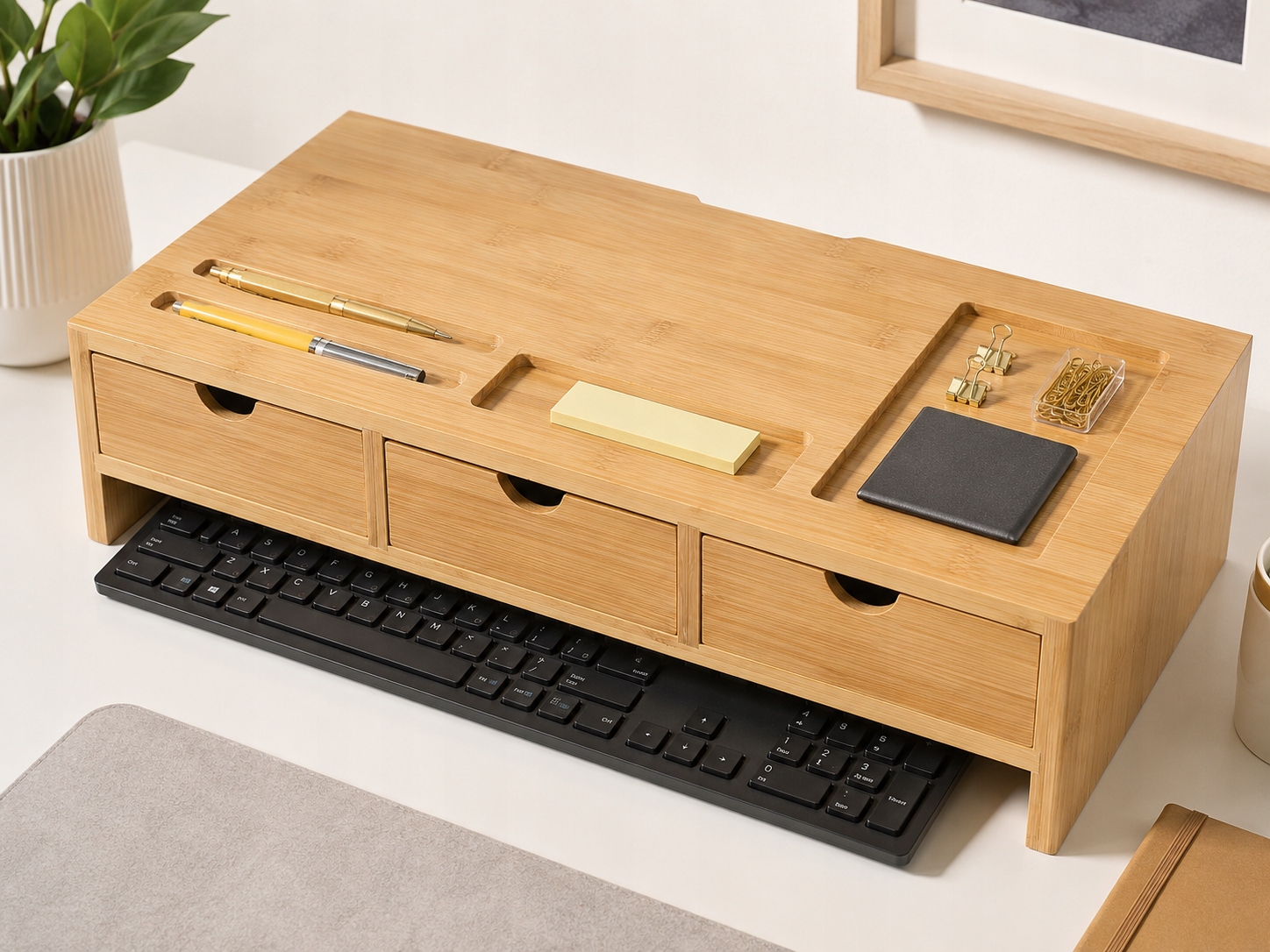 Podstawka pod monitor bambusowa z 3 szufladami organizer na biurko