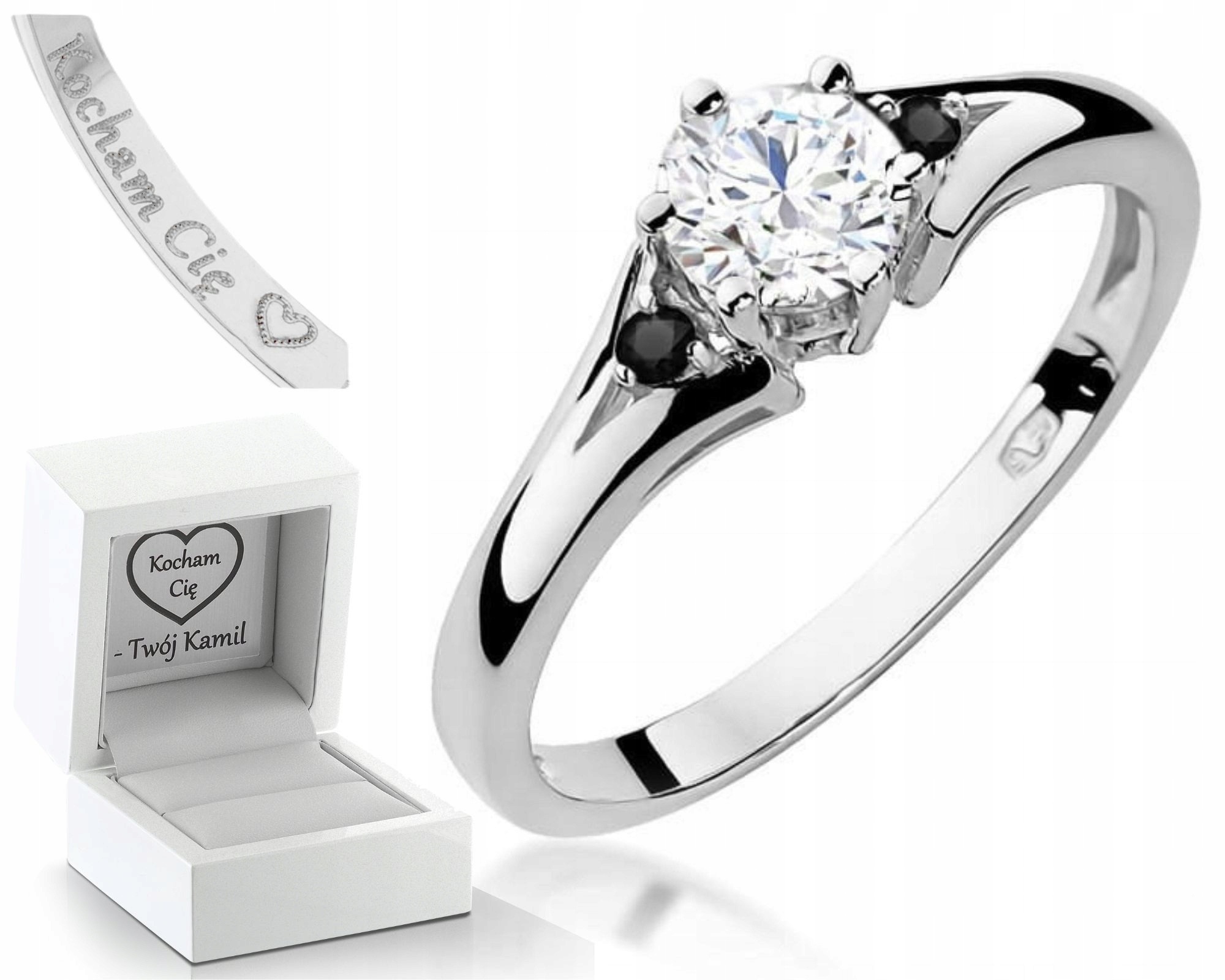 Bílé Zlato Prstýnek Přírodní Kámen Bílý Safír A Černé Brilianty