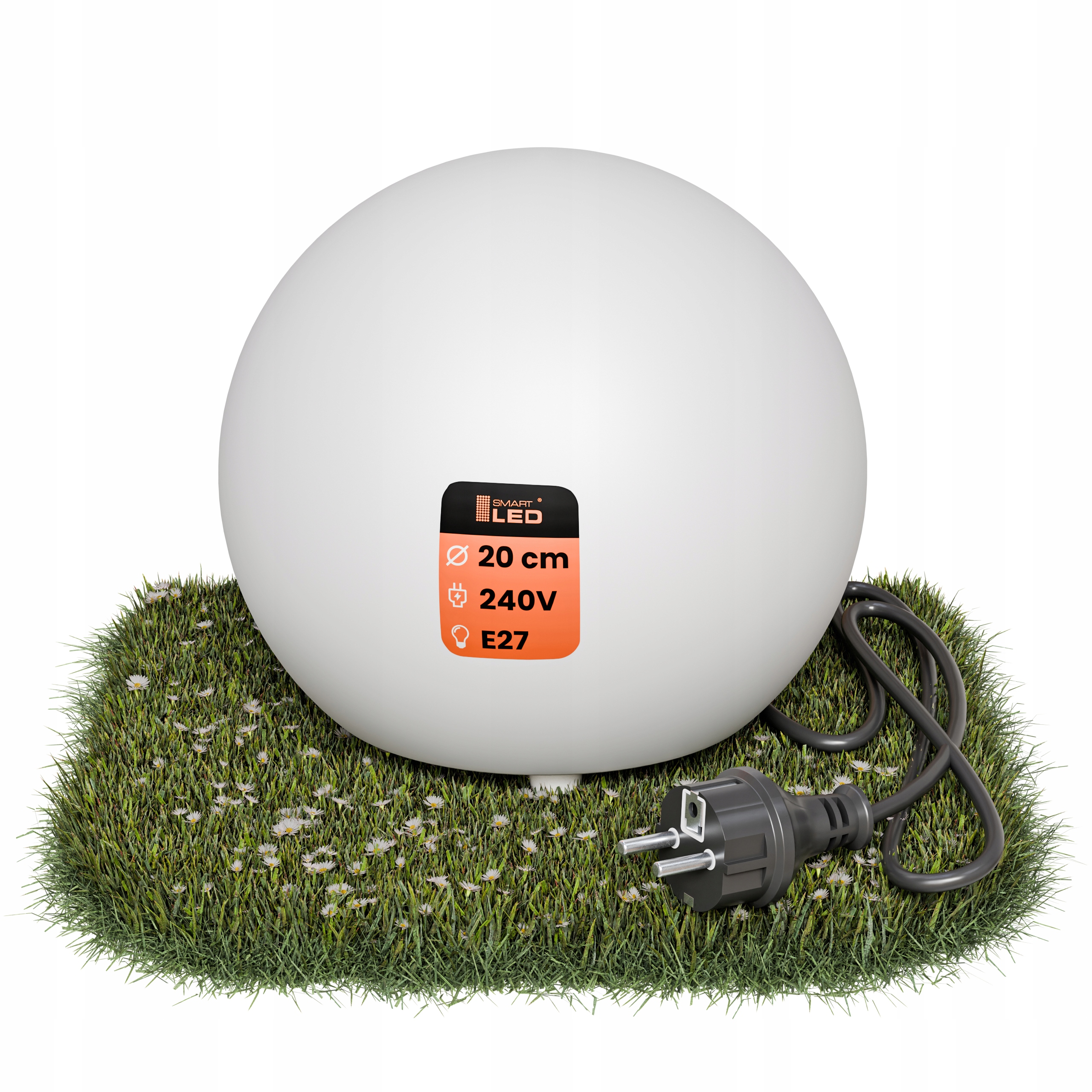 Lampa Ogrodowa Kula Do Ogrodu Led Biała Wbijana Przewód 230V E27 20cm IP65