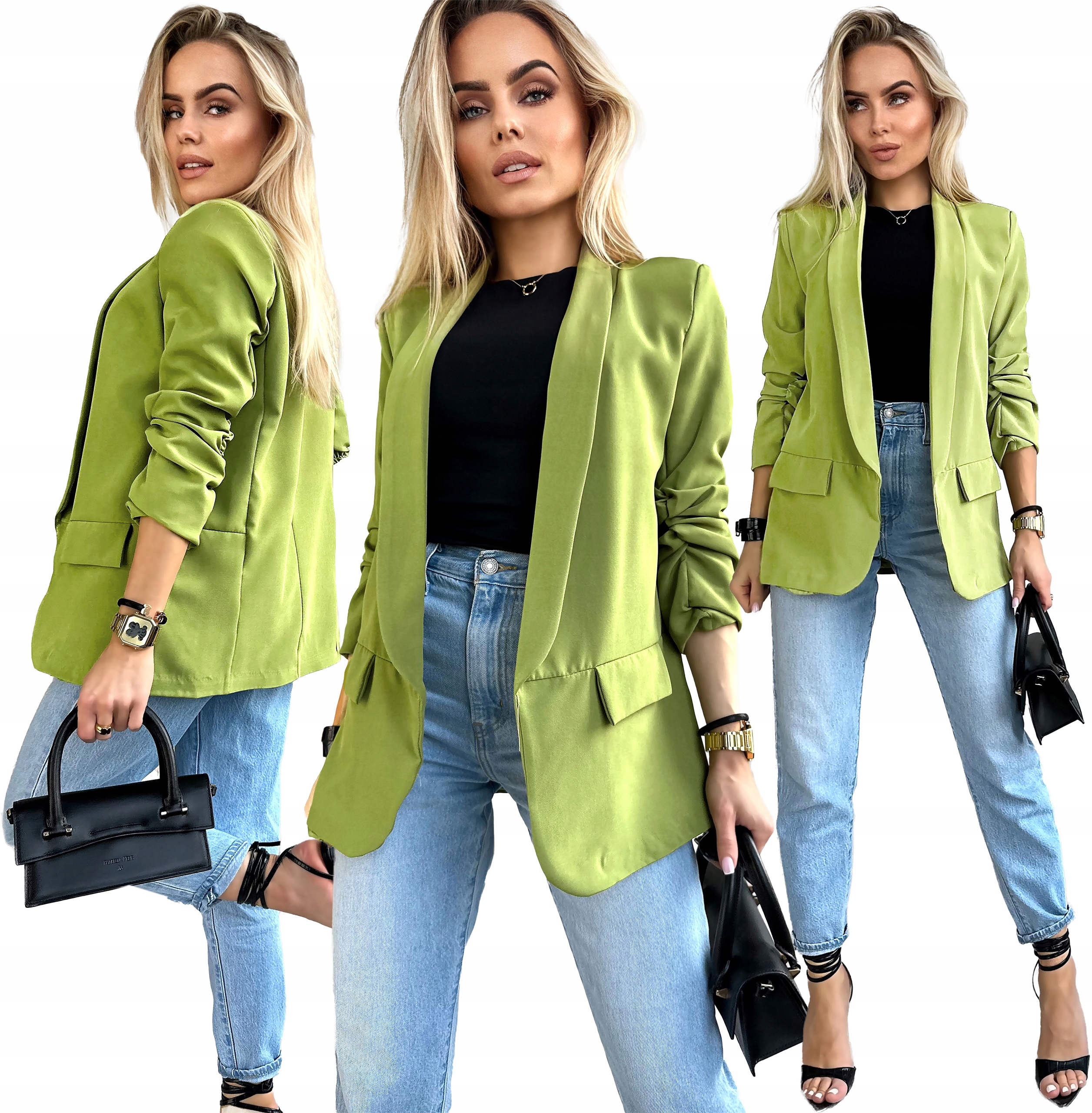 Zgaszona limonka Marynarka Damska Żakiet drapowane rękawy 50 Plus Size