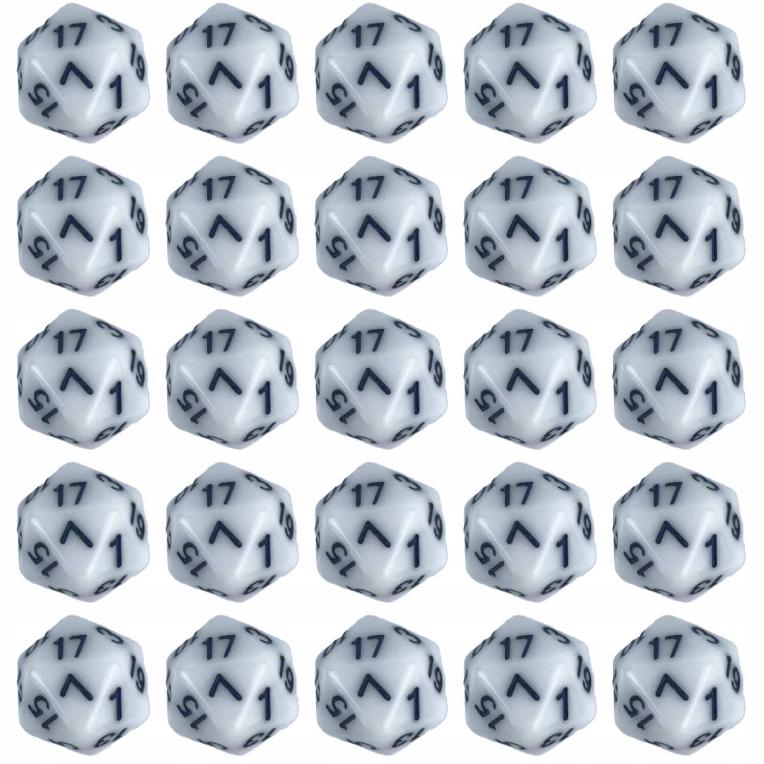 ZESTAW 25 KOSTEK K20 RPG BIAŁA KOŚĆ DWUDZIESTOŚCIENNA