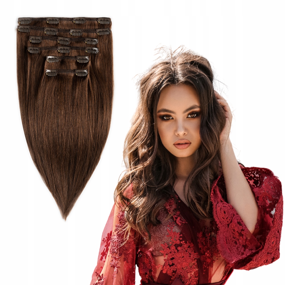 Vlasy Clip In připínací 100% přírodní 30 cm 6 pásků 100 g #4 koňakově hnědé