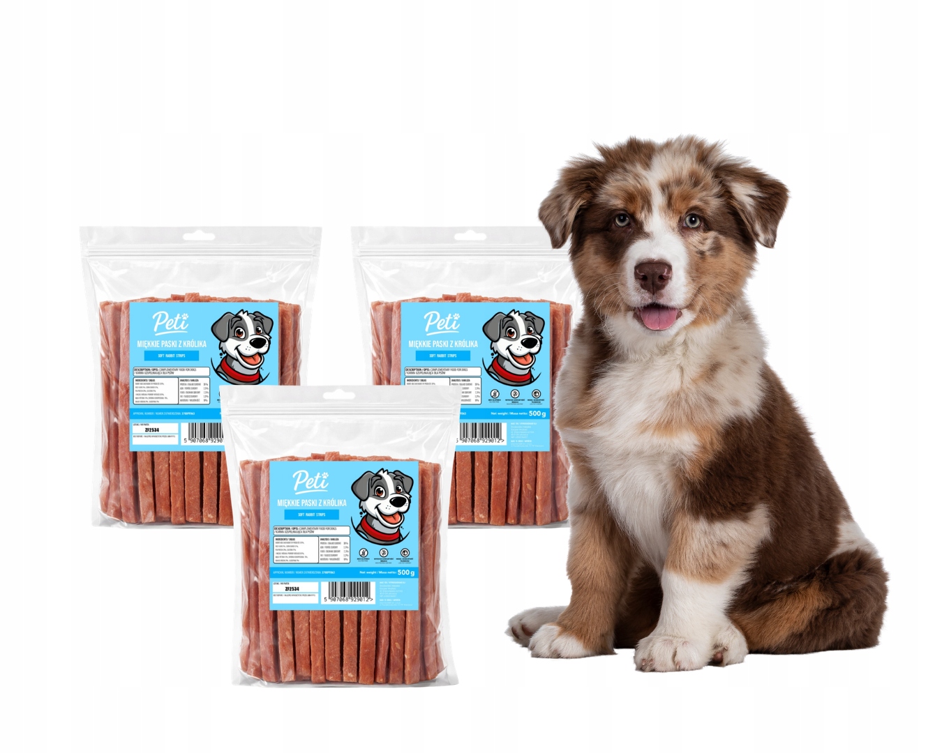 Psí pamlsek Peti Měkké králičí proužky 3x500g Chutě