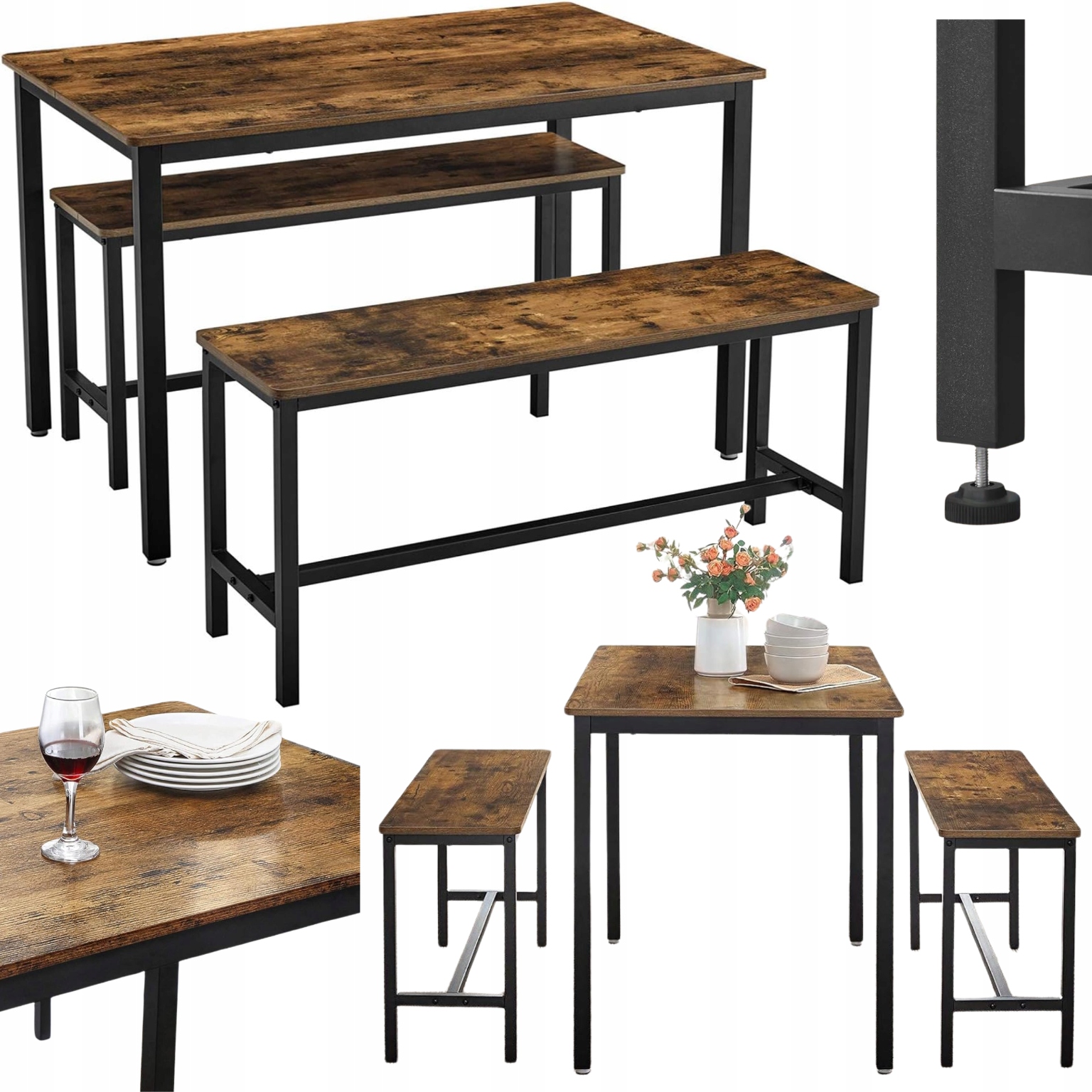 Dřevěný stůl s lavičkami Industriální sada pro jídelnu v kuchyni Loft