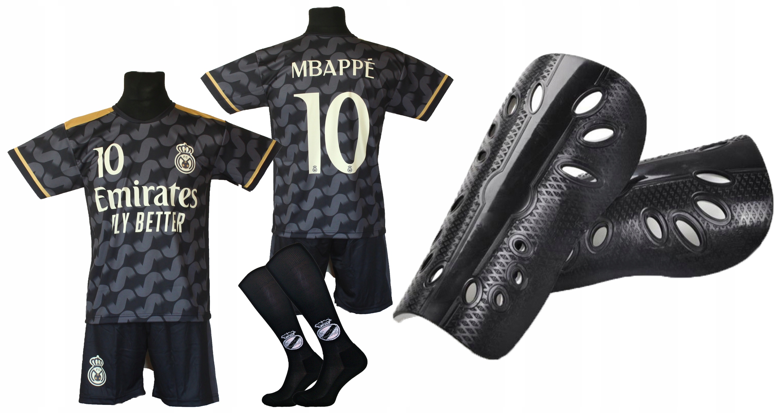 Fotbalová souprava Mbappe černé tričko, kraťasy štulpny chrániče holení 140