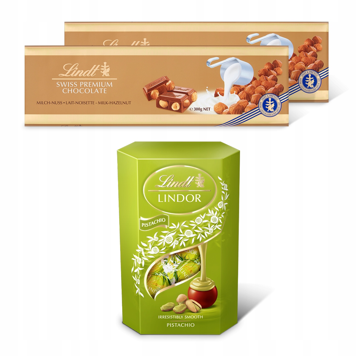 Lindt Swiss czekolada mleczna z orzechami 2x300g i praliny Lindor pistacja