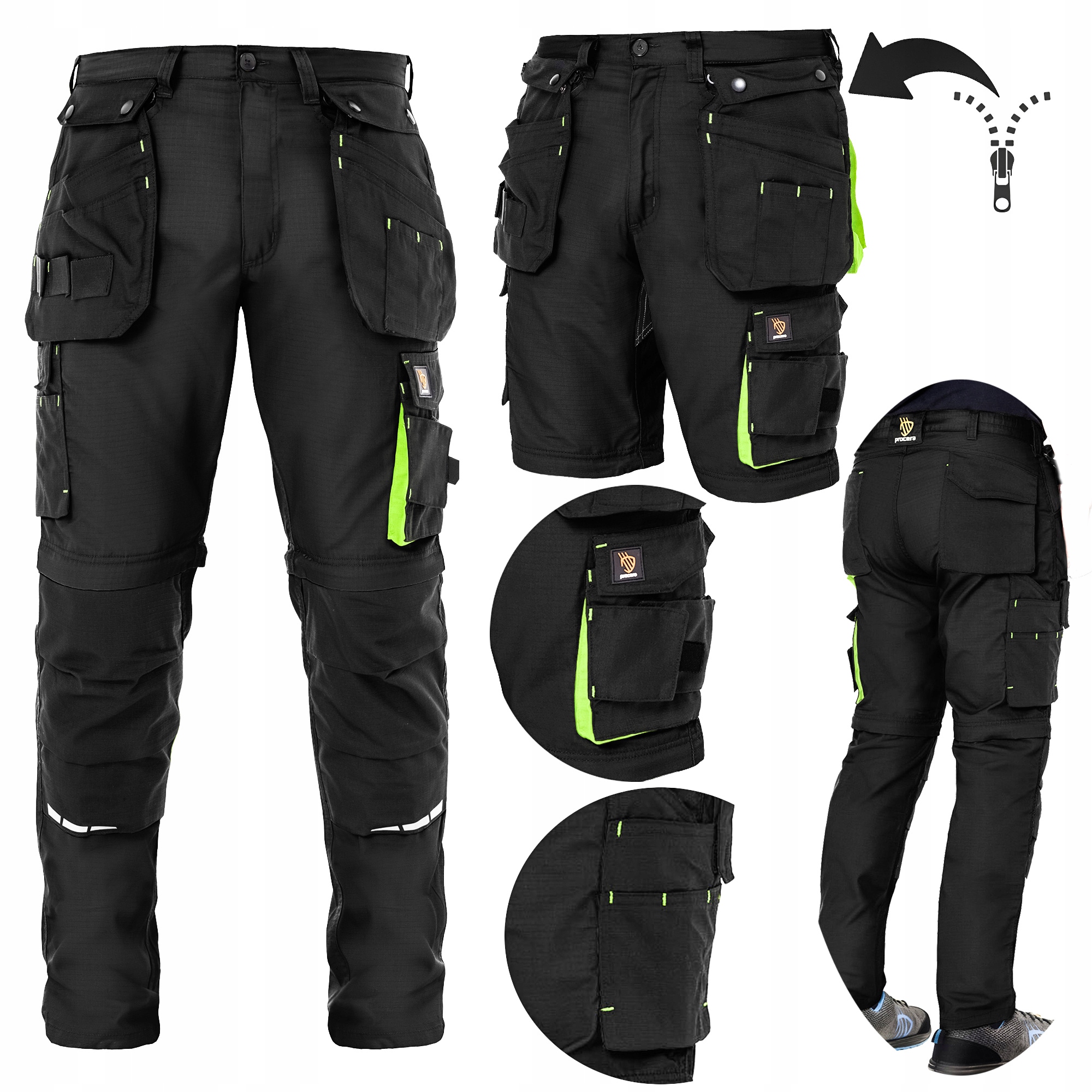 SPODNIE spodenki KRÓTKIE ROBOCZE Męskie stretch ODPINANE NOGAWKI MONTERSKIE