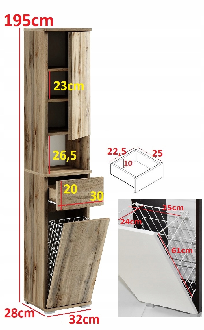 088011 SZAFKA 32/195 + KOSZ / SYSTEM SZAFEK / - BIAŁY # KOLORY Marka Meble-4K
