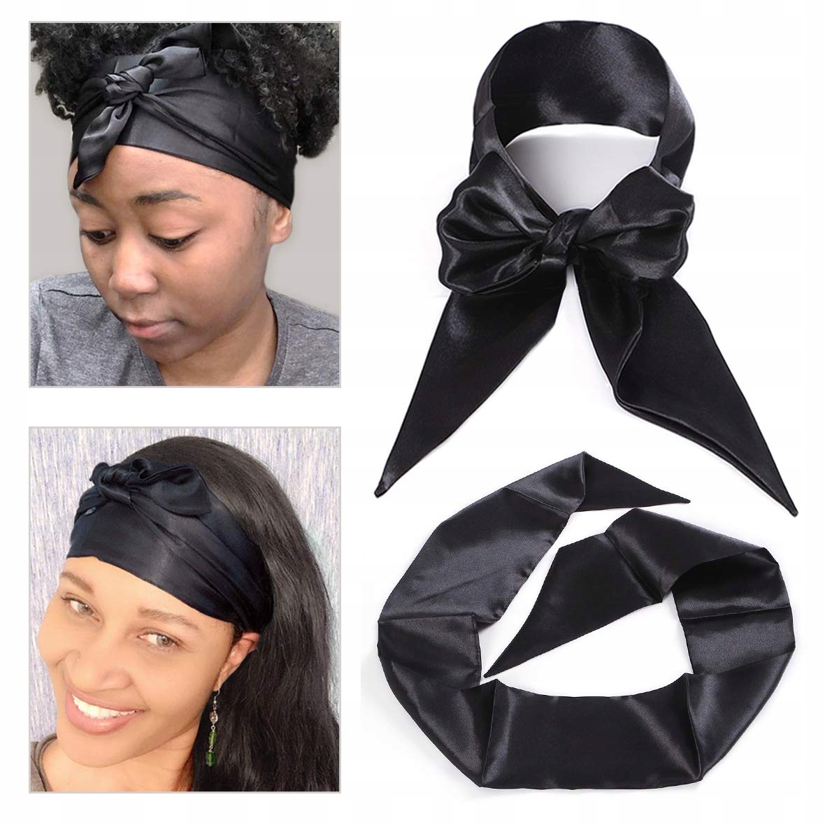 Saténová módní čelenka Hedvábí na paruky Scarf Wig Grip Hedvábný šátek Černá