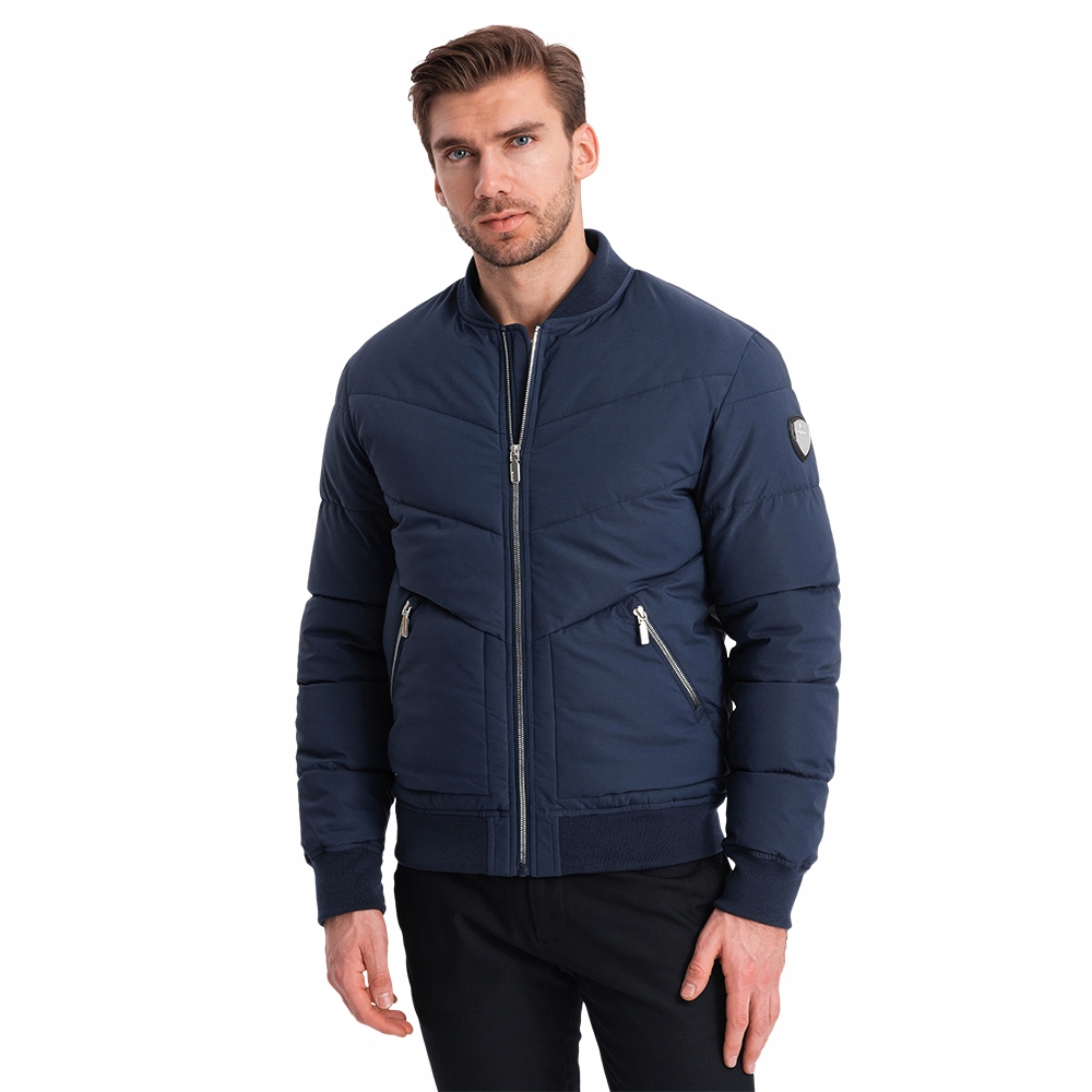 Pánská bunda bomber prošívaná kovovými zipy námořnická modrá V2 OM-JALP-0143 XL