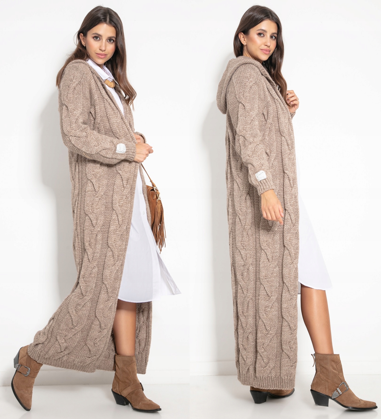 

Długi Kardigan Kapturem Sweter Narzutka Beżowy