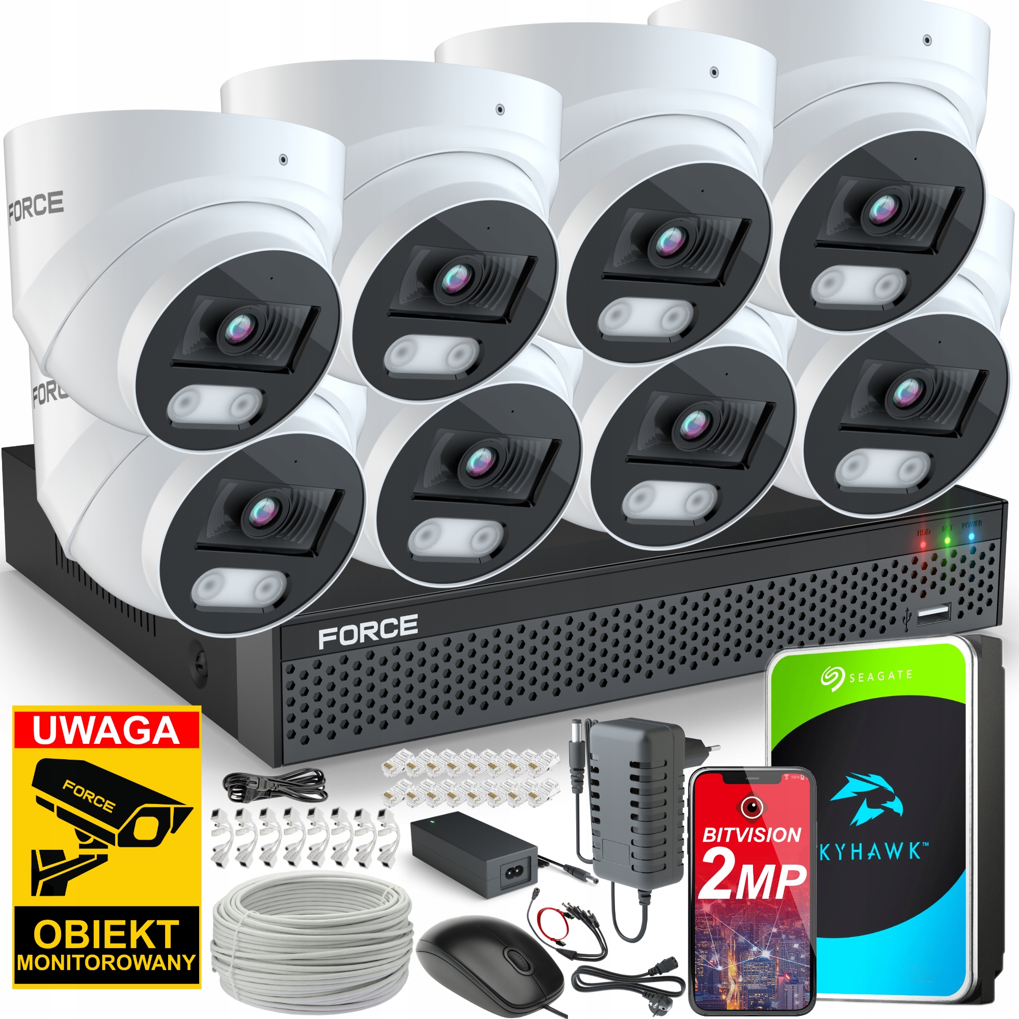 Force Zestaw monitoringu 8x Kamera Ip 2MPx Full Hd Rejestrator Aplikacja