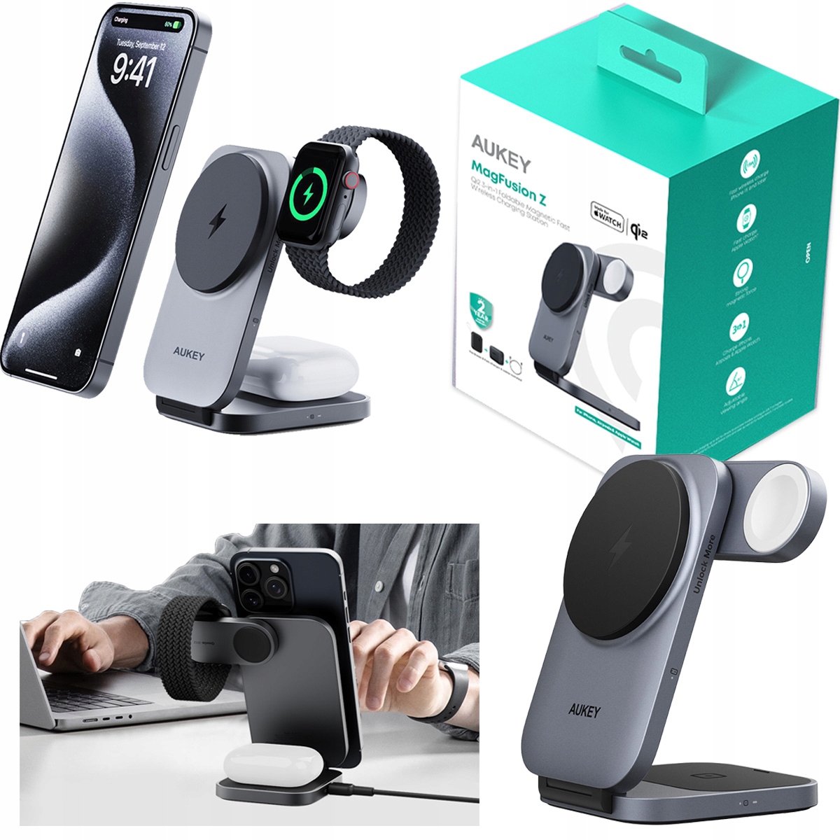 Bezdrátová nabíječka 3v1 Aukey pro Apple Watch iPhone Airpods MagFusion Z