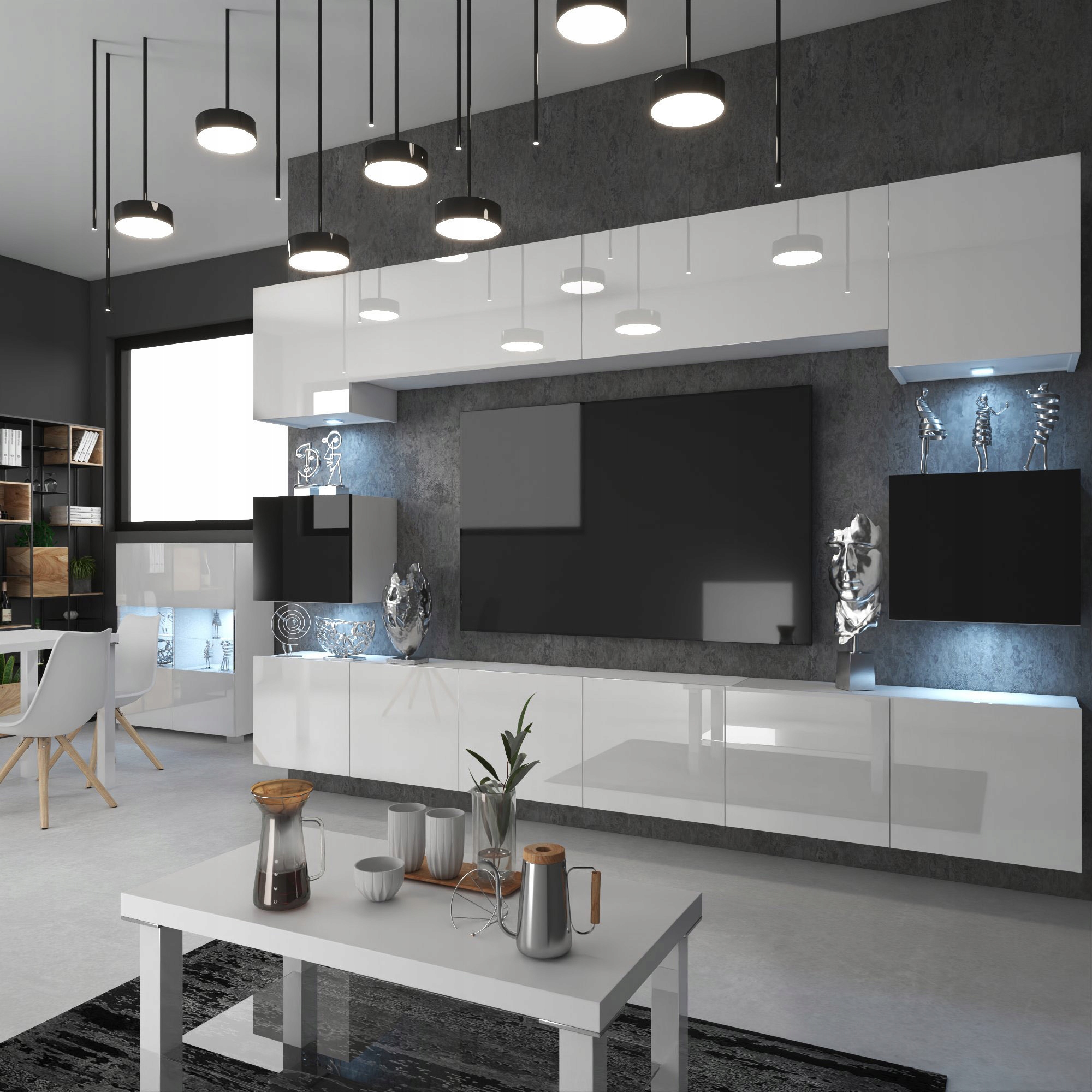 Meblościanka biała Meble Pokojowe do salonu pokoju Liczba elementów w zestawie więcej niż 6