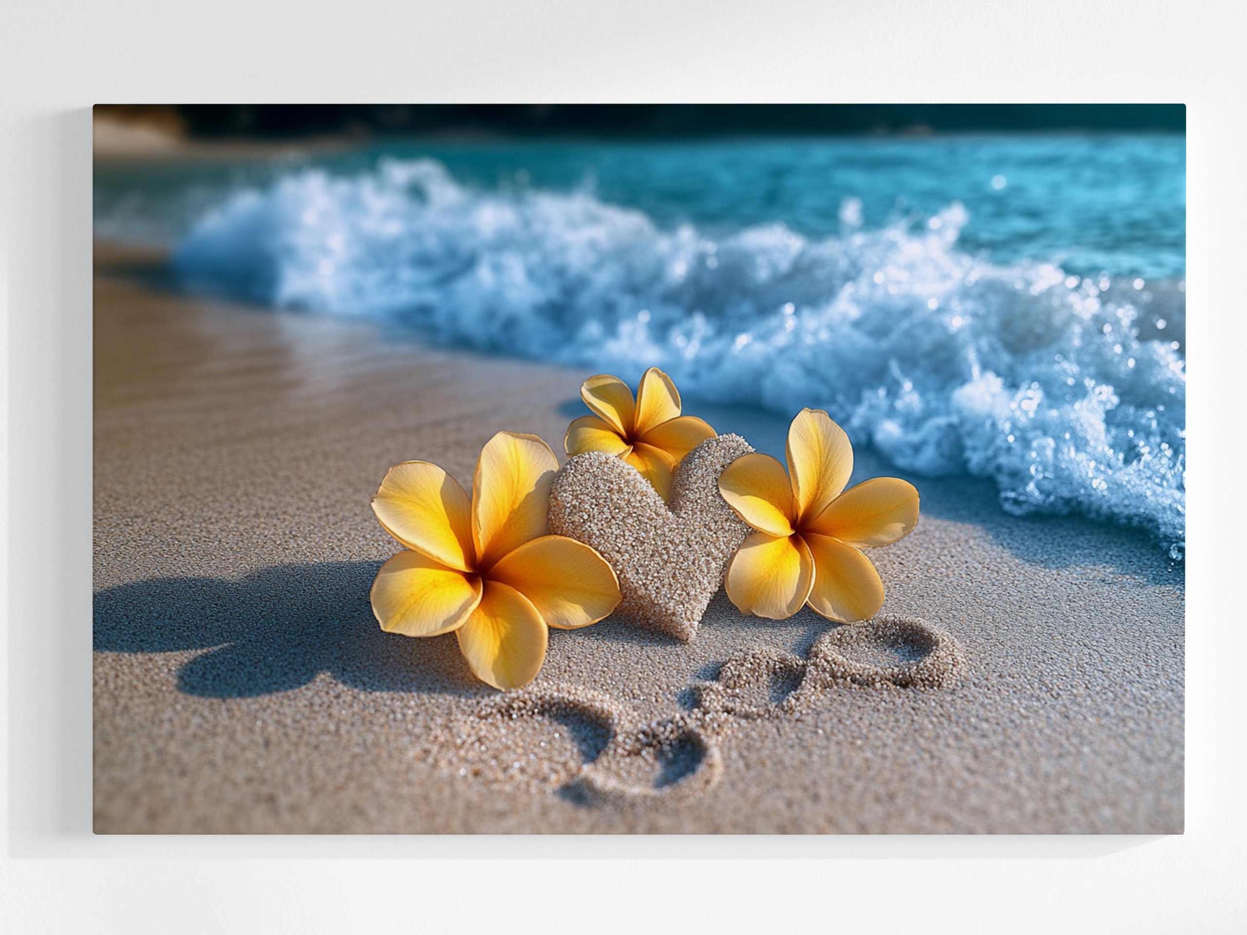 Obraz Na Plátně Canvas Moře Pláž Písek Srdce Květiny Plumeria 120x80