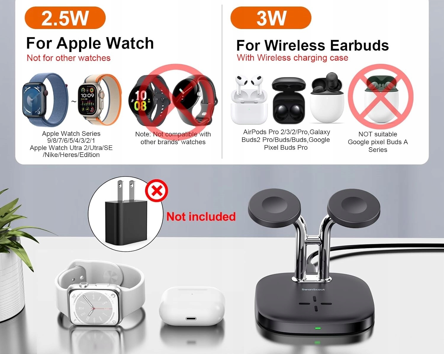 SwanScout Podwójna Stacja Ładowania Zegarków do Apple Watch czarny Marka Inna