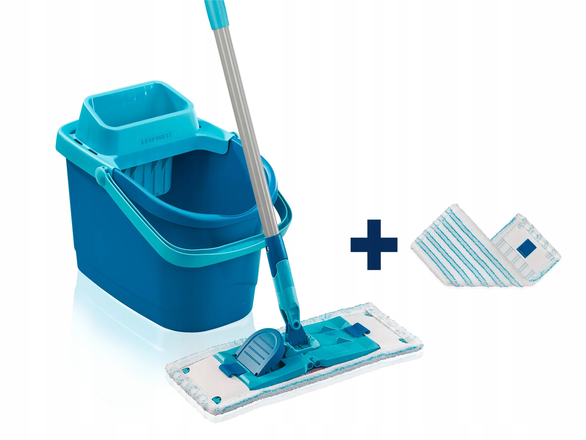 Levně Plochý mop, kbelík, rotační odšťavňovač, tyč, 2 x vložky z mikrovlákna Leifheit