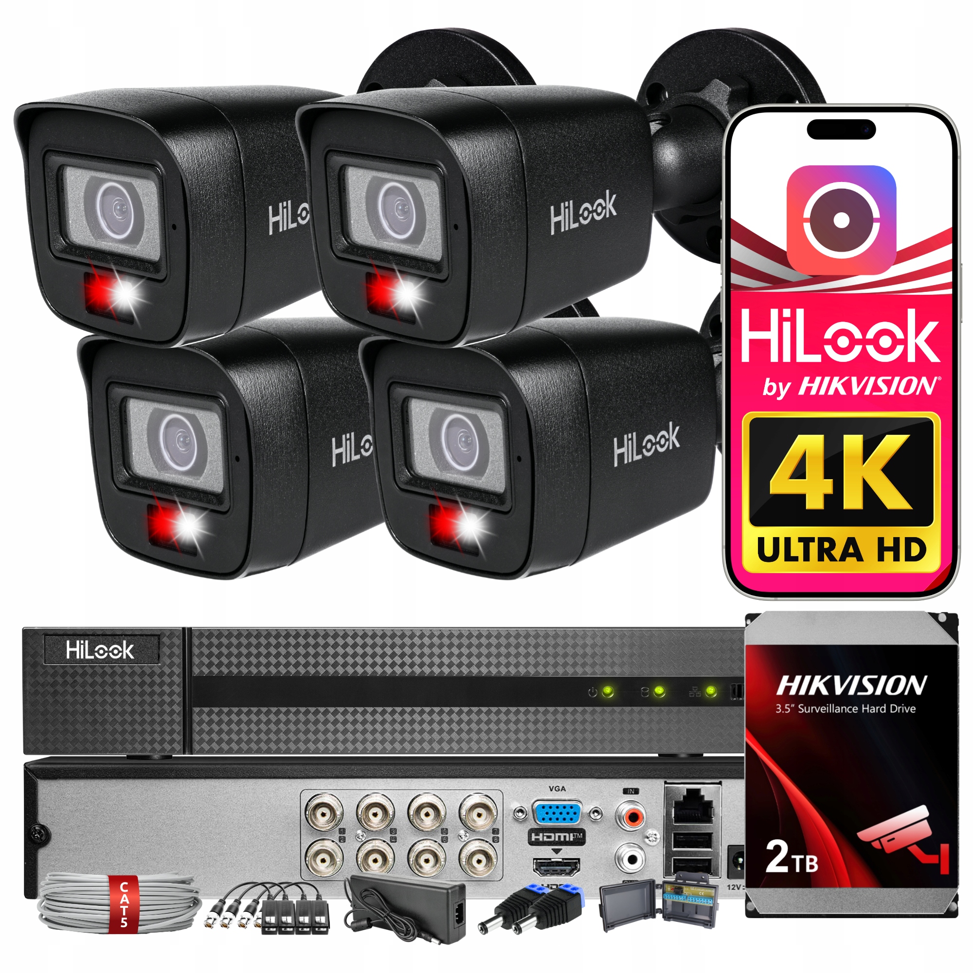 Zestaw Monitoringu 4 Kamer TVICAM-B8M-20DL Black 8Mpx Tvi CVI Ahd Hilook