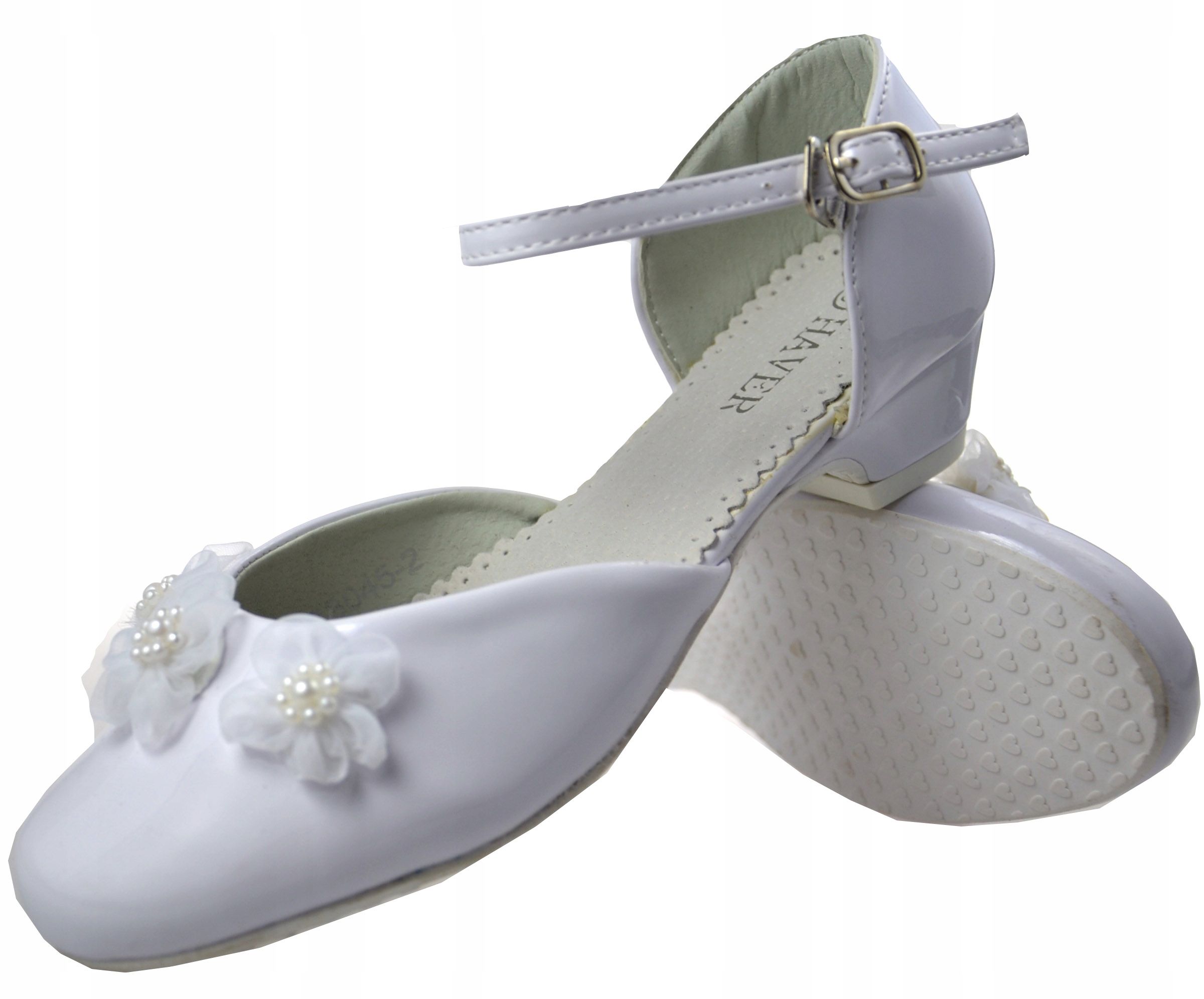 PANTOFELKI Komunia Mały obcas LAKIER TIUL BIAŁE 32 Odcień perłowy