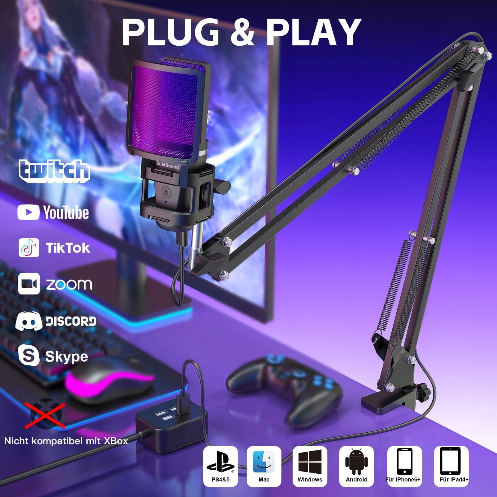 ZEALSOUND USB Mikrofon RGB Do iPhone PC Mac PS5 Gaming Podcast Streaming — miniatura 2