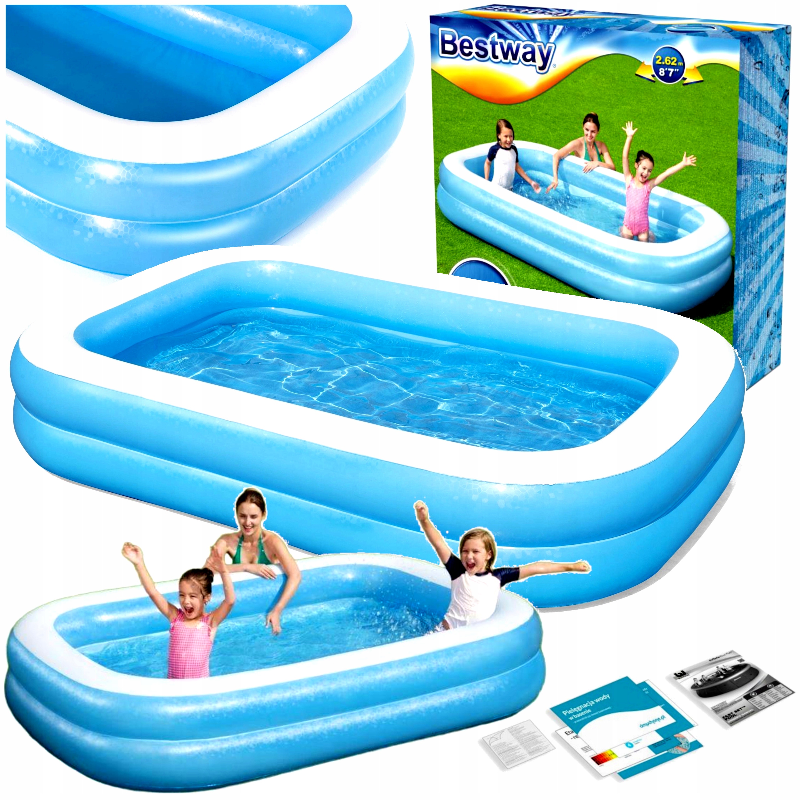 Basen Ogrodowy Rodzinny Dla Dzieci Dmuchany Prostokątny 262x175x51+ Łatka