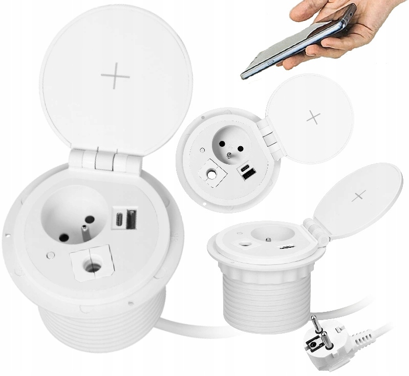 Nábytková zásuvka zapuštěná v pracovní desce Indukční nabíječka 2xUSB Kabel Bílý