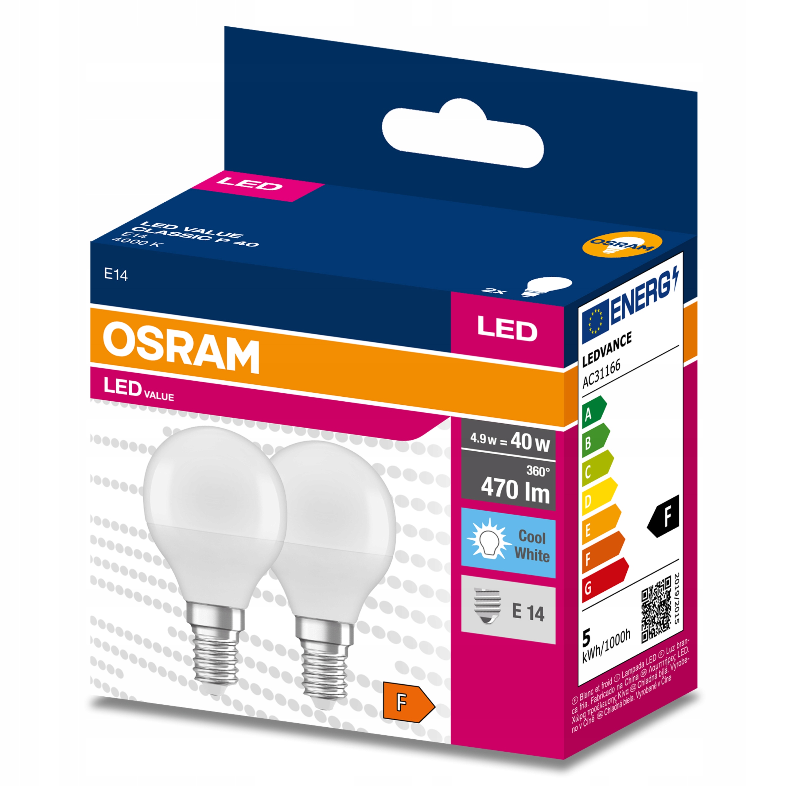 

2x Żarówka Led E14 Kulka 4,9W 40W 4000K Osram