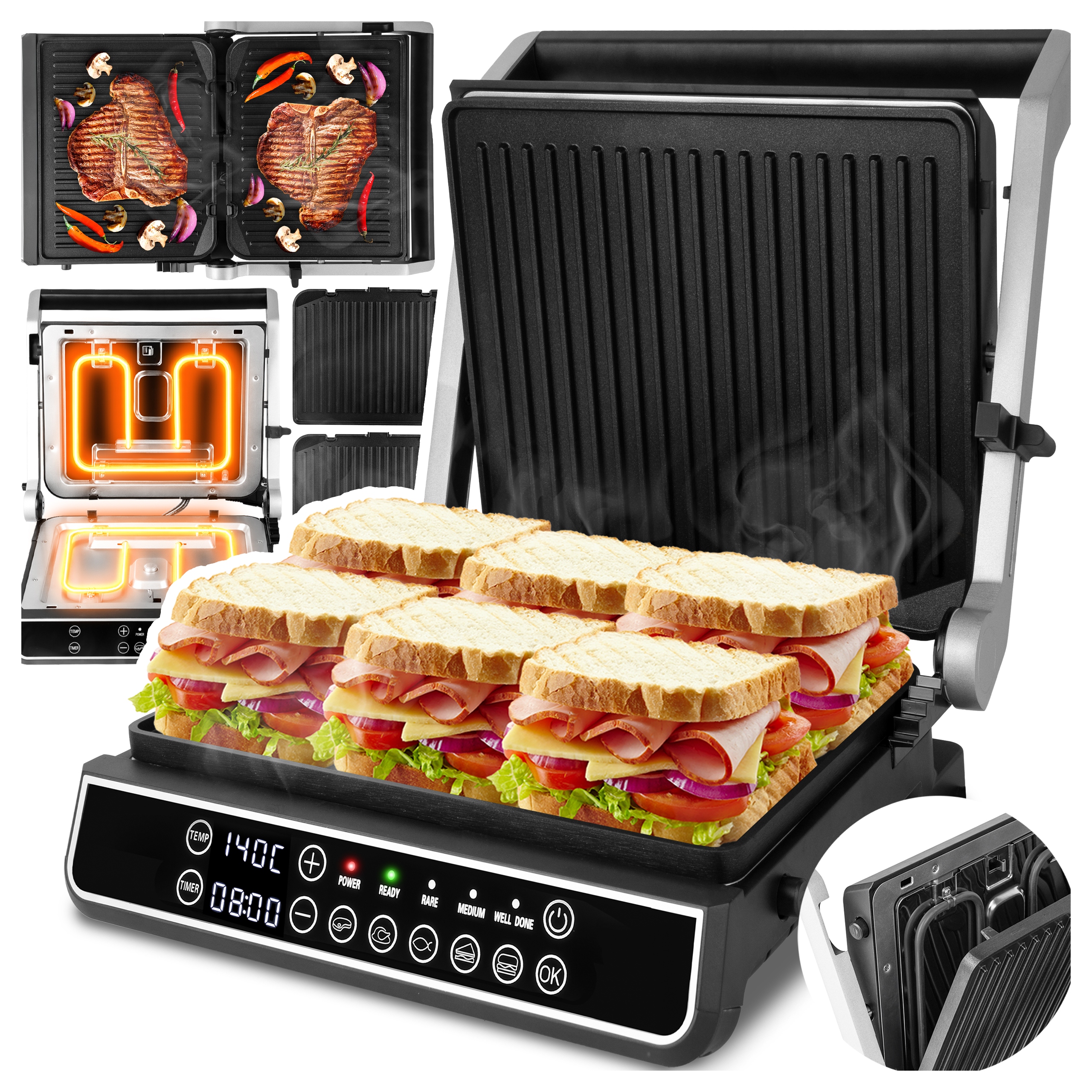 Elektrický Grill Opékač Toustovač Na Sendviče Rozkládací 2500W Displej