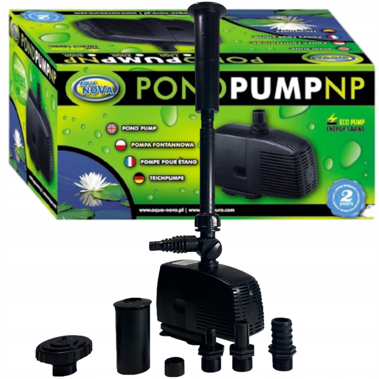 Mocna Pompa Do oczka Wodnego Fontanna Kaskada 2000L/h Końcówki Efekty